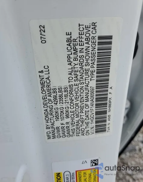 2022 Honda Accord Lx из США, поврежденный, VIN 1HGCV1F14NA065697